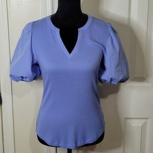 Nine West Women's Mixed Media V-Neck Puff Elastic Sleeves Shirt Top Blue Size M